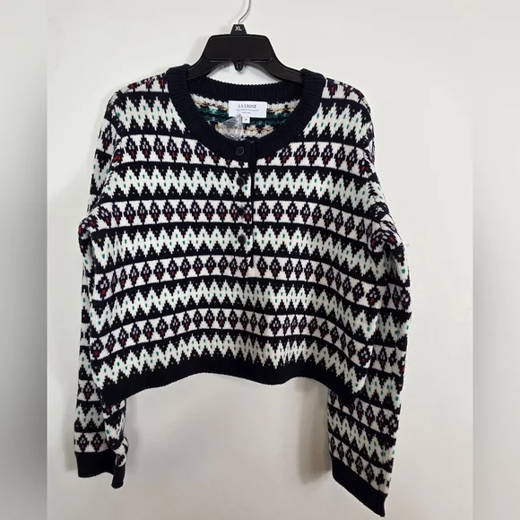 La Ligne Fair Isle Merino Wol Navy Blue Henley Crewneck Pullover Sweater M - Picture 2 of 6